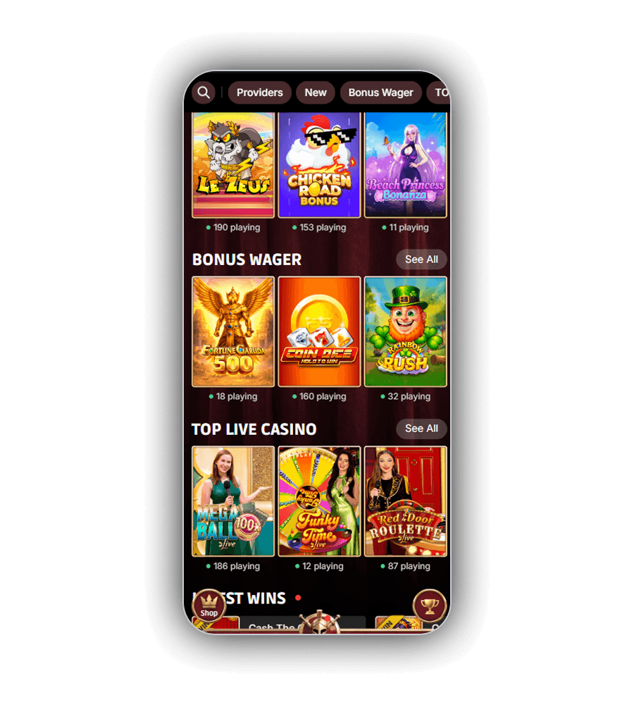 Spartaza lobby on a phone with the Bonus Wager and TOP Live Casino rows and a player counter under each game