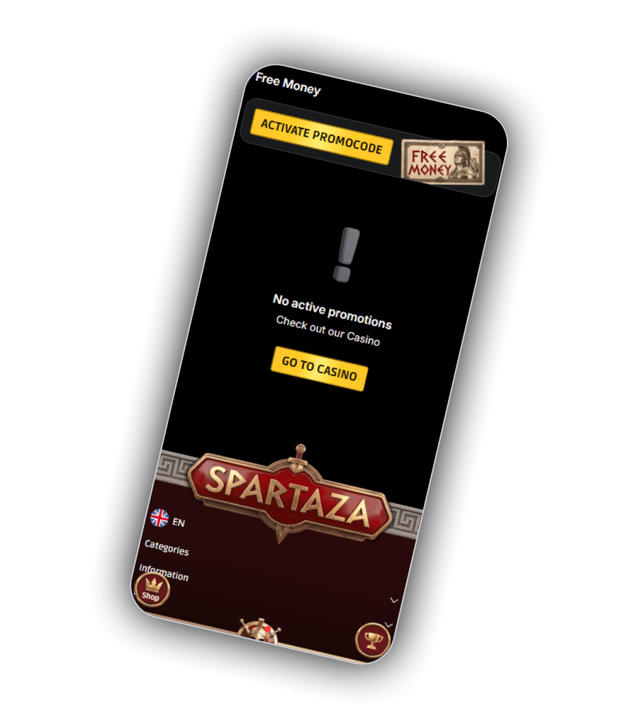 Spartaza Free Money page with the Activate Promocode button and a Free Money ticket showing a Spartan warrior
