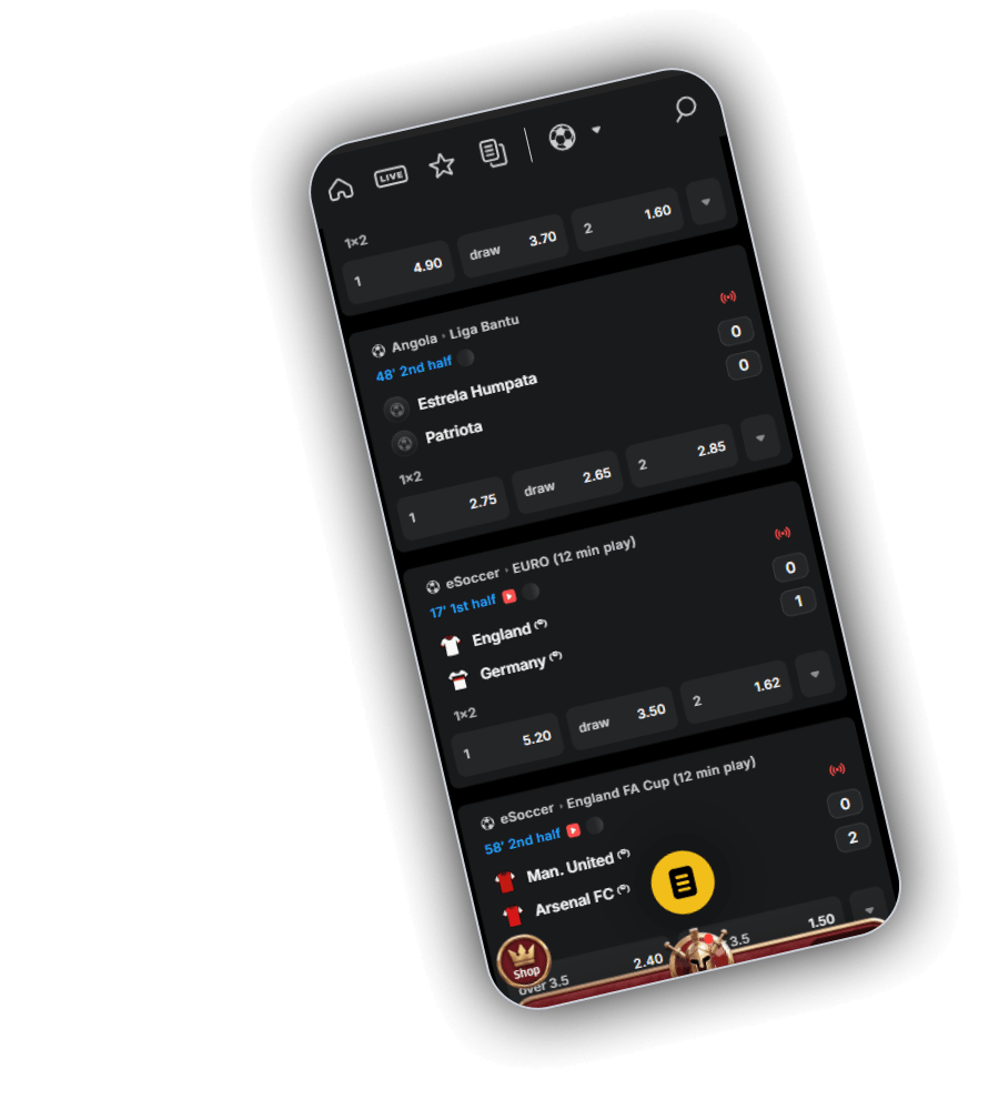 Spartaza sportsbook on a phone with live football and eSoccer matches and 1x2 odds